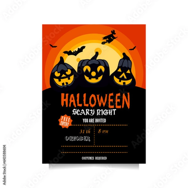 Fototapeta Halloween party invitation with spooky pumpkins, bats and a witch in full moon