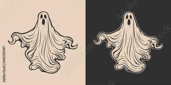 Fototapeta Vintage retro Halloween ghost character cartoon spooky scary horror element. Monochrome Graphic Art. Vector. Hand drawn element
