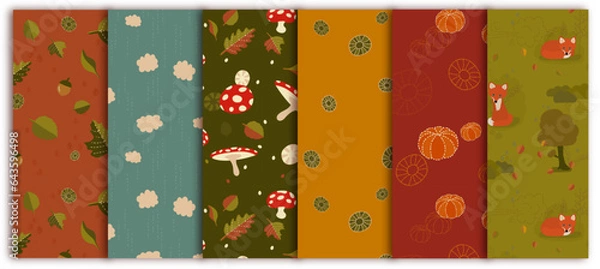 Fototapeta Set of lovely Dutch autumn seamless vector patterns containing leaves, foxes, wind, rain, pumpkins, and forrest items like mushrooms