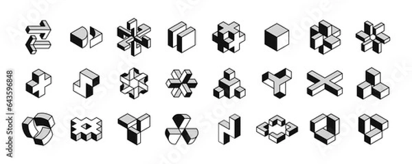 Obraz Isometric hexagon, star, arrow, cubic, and abstract logos set. Optical illusion. Retro 3D icons set with black and white polka dots. Vector shapes for halftone label, crypto company, vintage posters.