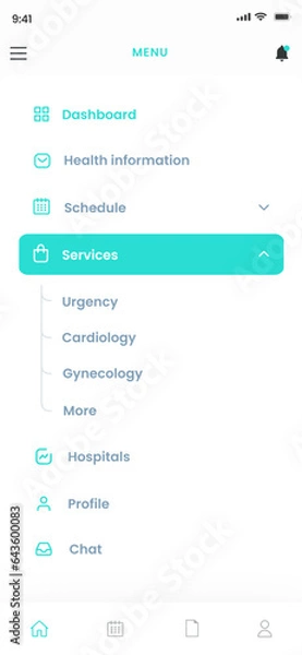 Fototapeta Menu Screens App UI Kit & Dashboard Blue Side Bar Template