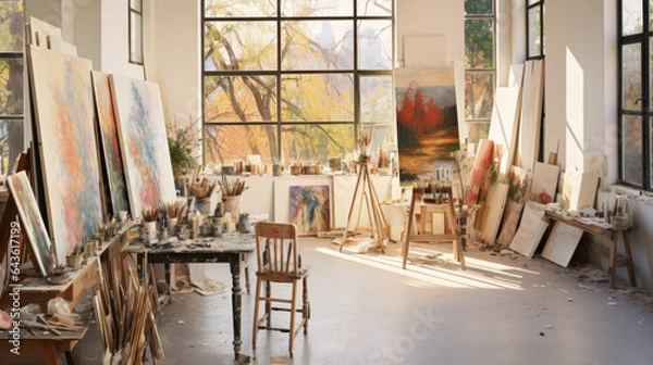 Fototapeta The interior of an atelier bathed in sunlight, adorned with scattered brushes and canvases, a haven for painters and artists on a sunny afternoon.
