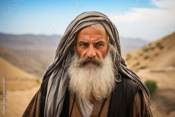 Fototapeta Elderly Man with White Beard Dressed as Ancient Religious Patriarch in Middle Eastern Desert, Prophet Father of Religions