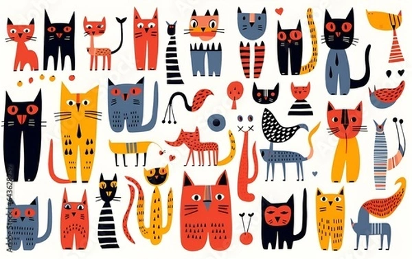 Fototapeta Decorative illustration of a cat with scribbles on a white background