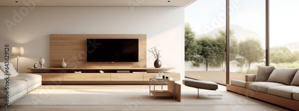 Fototapeta A modern living room interior featuring a TV with a minimalist design.
