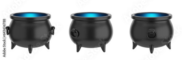 Obraz set of witch cauldrons with transparent background, PNG, witch pot, treasure pot, blue light