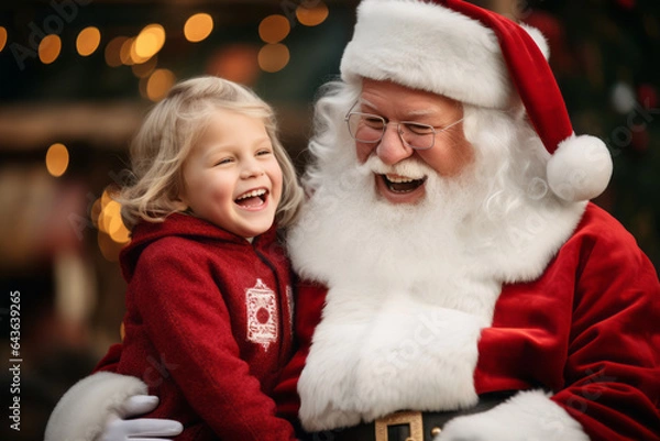 Fototapeta happy santa hugs a happy little girl