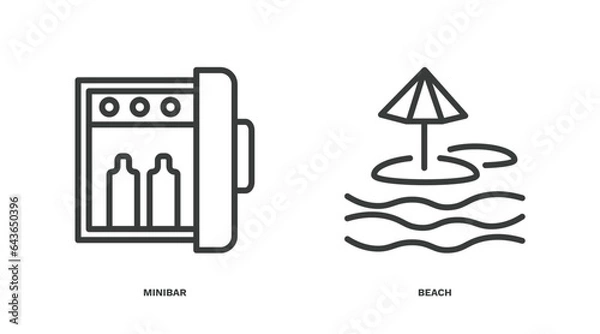 Fototapeta set of hotel and restaurant thin line icons. hotel and restaurant outline icons included minibar, beach vector.