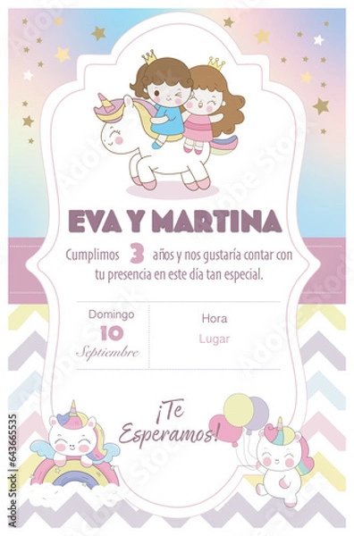 Fototapeta Invitación de cumpleaños infantil de unicornios