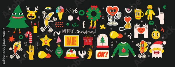 Fototapeta Cute cartoon character and christmas elements for cards, seamless pattern. Merry Christmas and Happy New Year 2024. Vector trendy abstract illustrations for holiday wallpaper, fabric