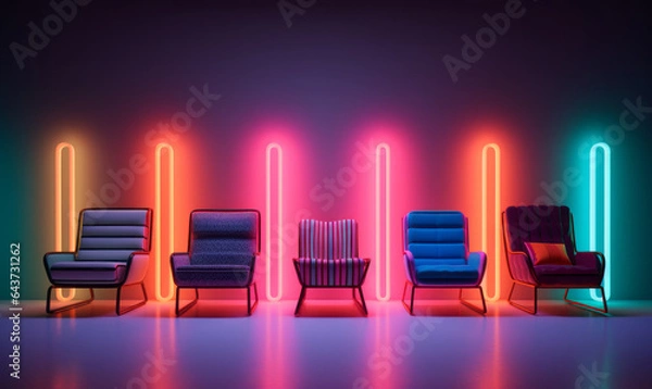 Fototapeta Five chairs in a dark room with rainbow neon lights. Cyberpunk, neon pop style. Generative AI.