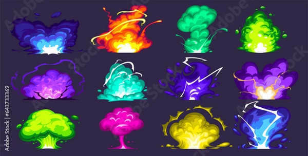 Obraz A hand-drawn set of explosions of different shapes, colors, effects and intensity in a cartoon style.