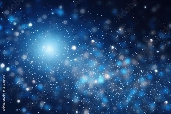 Fototapeta Blue bokeh light background, Christmas glowing bokeh confetti and sparkle texture overlay for your design. Sparkling blue dust abstract luxury decoration background.