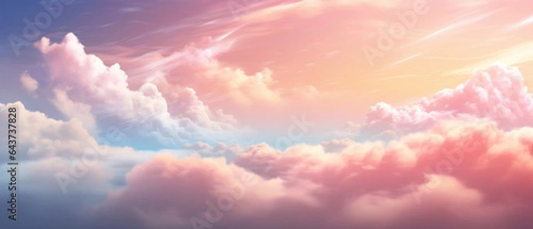 Fototapeta Różowe odcienie chmur, błękitne niebo, obłoki. Tło panoramiczne do banerów, grafik. Rajska przestrzeń.	