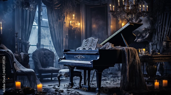 Fototapeta A spooky living room transformed into a haunted mansion: flickering candles cobwebs and a ghostly draped piano 