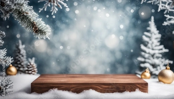 Obraz Empty Blank Wooden Podium Stand Platform Snow Winter Wonderland Xmas Decoration Background View Bokeh Backdrop Concept Mockup Template Product Demonstration Presentation Advertisement Commercial Sale 