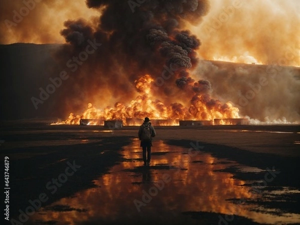 Obraz Man walking towards huge fire, man staring at huge fire, wildfire black smoke
