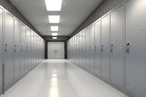 Fototapeta An empty school hallway with lockers lining the walls ai generated