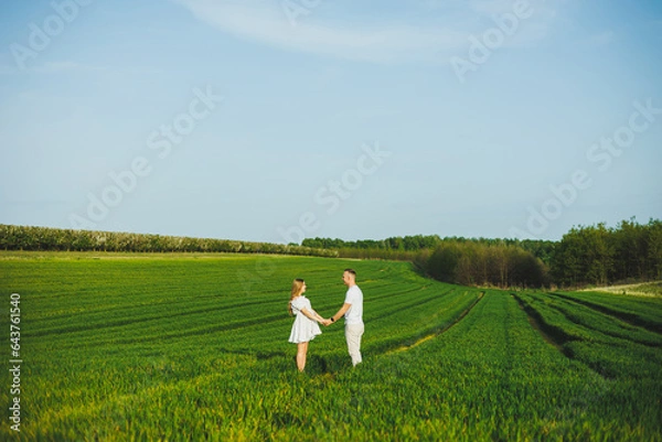 Fototapeta Pregnant couple hugging in a green spring field. Expectant parents in the park of white flowering trees. A romantic couple expecting a baby. A walk through a green field