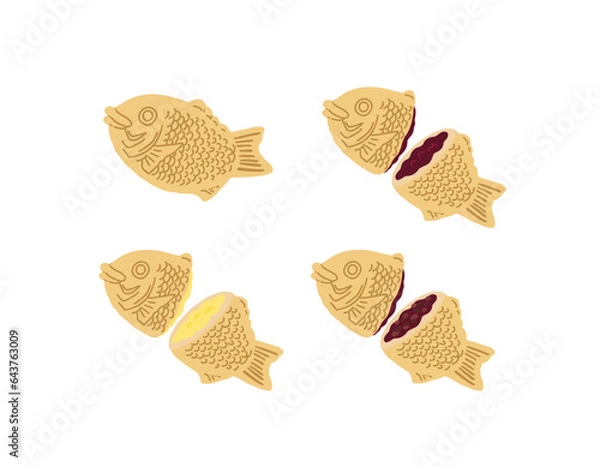 Obraz いろんな種類のたい焼き手描きカラーイラストアイコンセット