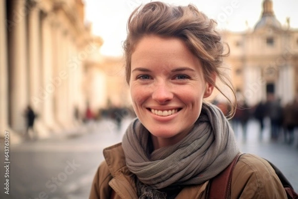 Fototapeta Headshot portrait photography of a joyful girl in her 30s wearing a long-sleeved thermal undershirt at the st. With generative AI technology