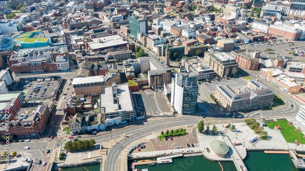 Fototapeta Aerial view on buildings and Lagan River in City center of Belfast Northern Ireland. Drone photo, high angle view of town