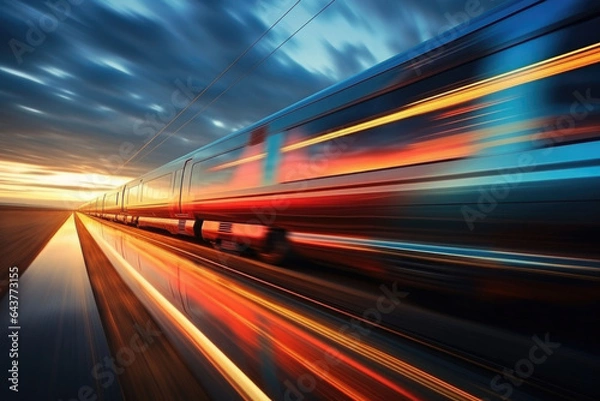 Fototapeta High speed train in motion on railway station at sunset. Generative AI