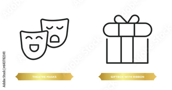 Obraz two editable outline icons from party concept. thin line icons such as theatre masks, giftbox with ribbon vector.