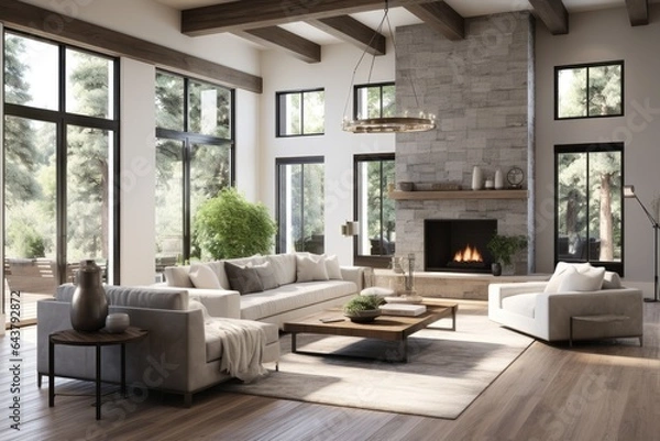 Fototapeta Summer Minimal Modern Family Room Interior with Luxury Furnishing and Exposed Wood Beams and Nature Views