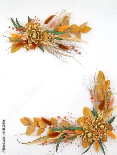 Fototapeta Flatley of yellow and orange flowers on white background, top view, space for text. Decor, festive greeting card. High quality photo