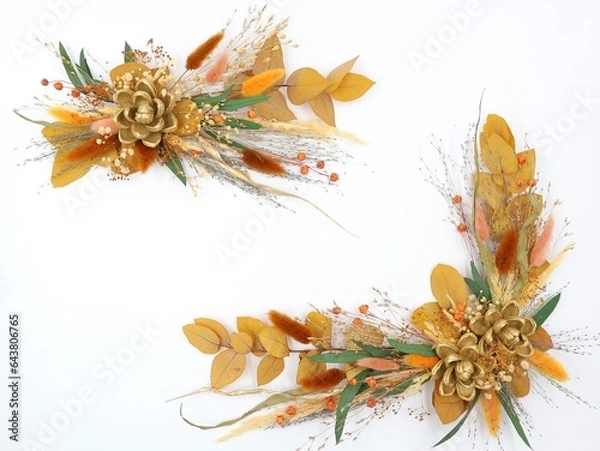 Fototapeta Flatley of yellow and orange flowers on white background, top view, space for text. Decor, festive greeting card. High quality photo
