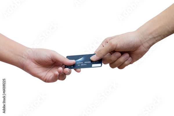 Obraz Holding and giving credit card over white background