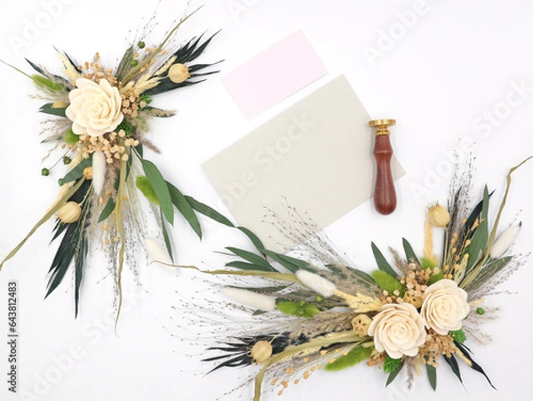 Fototapeta Flatley of flowers on white background, welcome card, business card with space for text, top view. Decor, welcome card. High quality photo