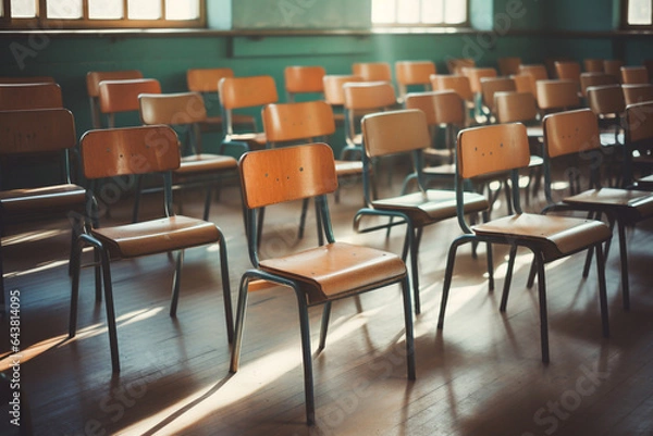 Fototapeta School chairs in an empty classroom. High quality photo
