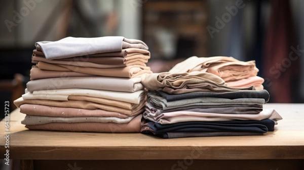 Fototapeta Generative AI, stacks of multi-colored cotton fabric, clean clothes after dry cleaning, tailor workshop, shirt shop, silk material, linen clothes, natural colors, soft textile, space for text