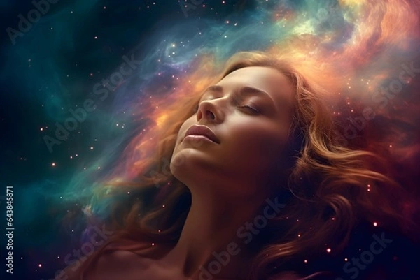 Fototapeta 宇宙と一体になった女性　with generative ai