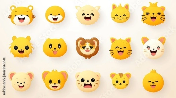 Fototapeta Set of animal faces, face emojis, stickers, emoticons,cartoon funny mascot characters face set