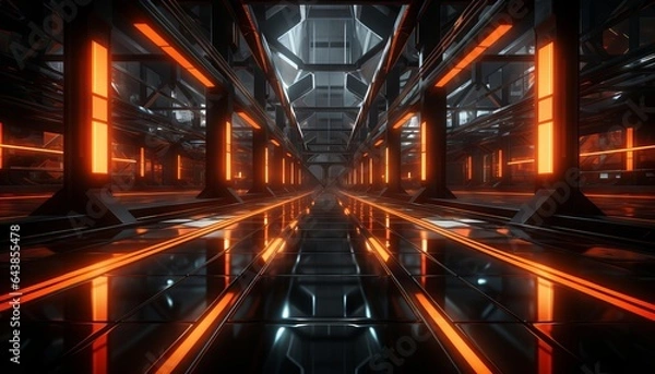 Fototapeta sci fi studio stage set in a dark, cyberpunk garage.polished concrete tiled floor in vivid orange