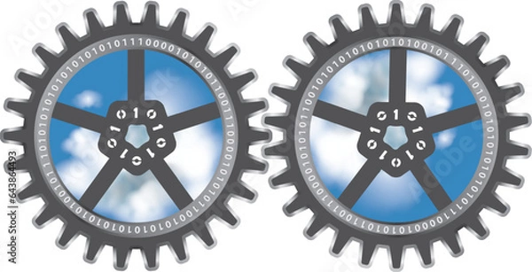 Fototapeta Cloud computing concept with clouds in the sky within gears. Interaction between services 