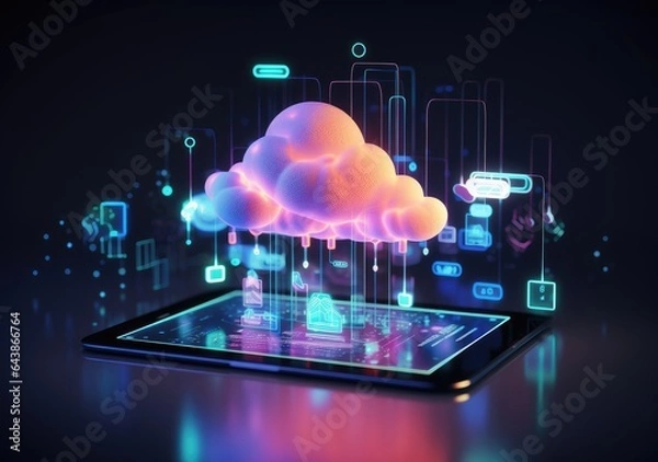 Fototapeta neon light showing cloud computing on tablet computer. neon light showing cloud computing on tablet computer. AI Generative.