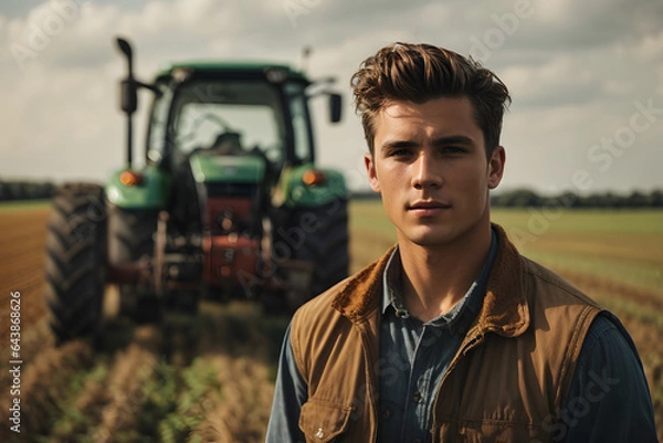 Fototapeta Portrait of a young farmer standing in front of a tractor in a field in summer. Image created using artificial intelligence.