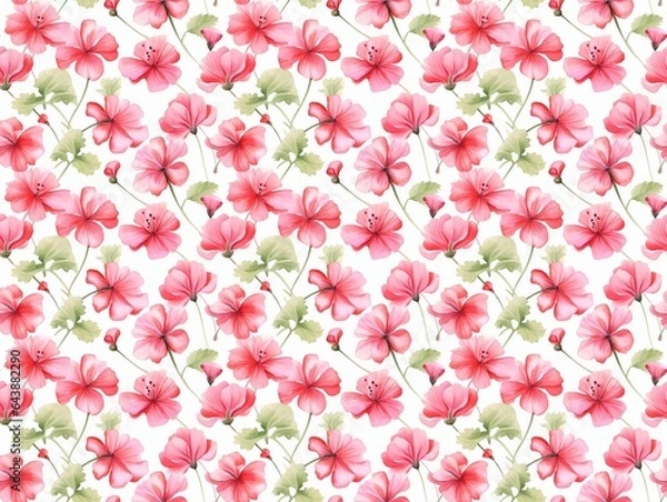 Fototapeta Red pink geranium watercolor seamless pattern