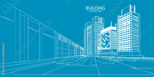 Obraz Building blue print perspective construction plan facades architectural sketch.Vector illustration