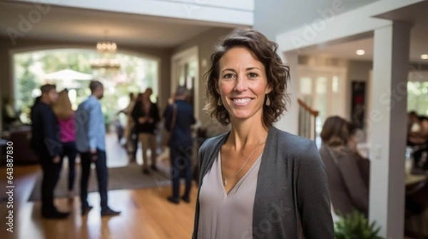 Fototapeta Portrait of a woman at an open house welcoming potential buyers and showcasing properties with enthusiasm