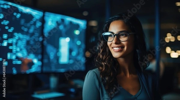 Fototapeta Portrait of a woman at her home office debugging intricate code