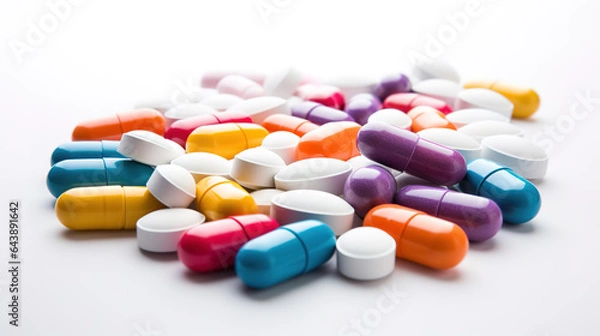 Fototapeta Multicolored pills on a white background