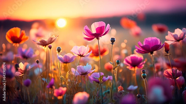 Fototapeta Colorful wild flowers field illuminated by the sunset light