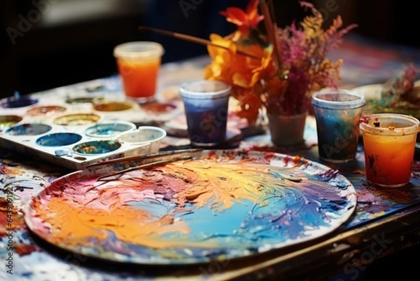 Fototapeta Vivid splashes of color, ranging from delicate watercolor washes to bold paint splatters, infusing any canvas with a spontaneous and artistic flair.