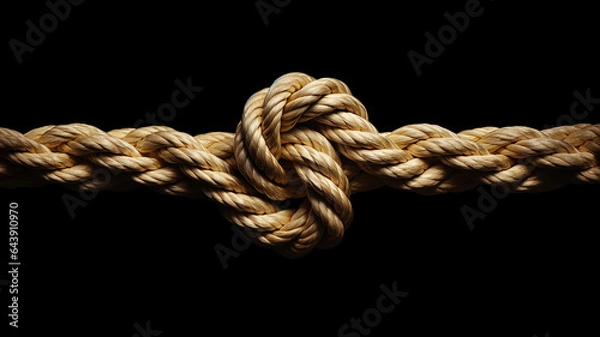 Fototapeta the gordian knot of rough rope is isolated on a black background