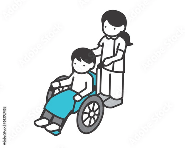 Fototapeta 車いすをひく看護師のアイソメアイコンのベクターイラスト素材